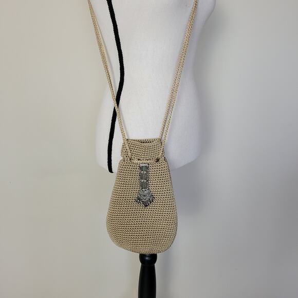 Varsha Patel Crochet Drawstring Crossbody Bag Braided Straps Aged Silver Detail - Picture 5 of 10